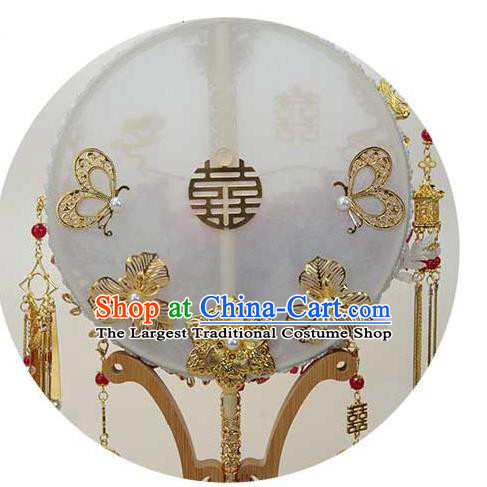 China Handmade Wedding Roses Palace Fan Classical Dance Fan Traditional Bride Golden Phoenix Tassel Circular Fan