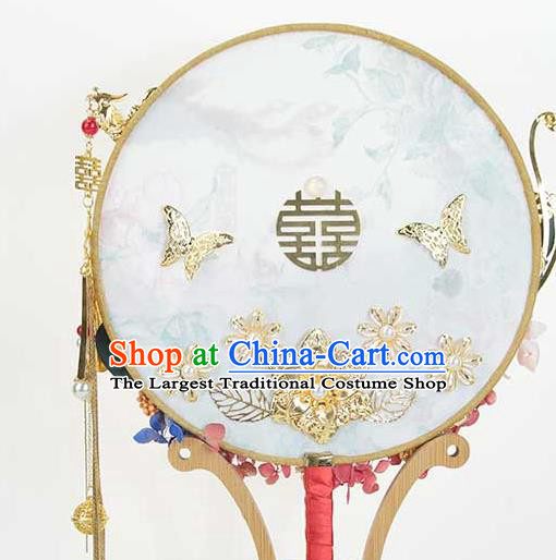 China Traditional Bride Golden Phoenix Tassel Circular Fan Handmade Wedding Roses Palace Fan Classical Dance Fan