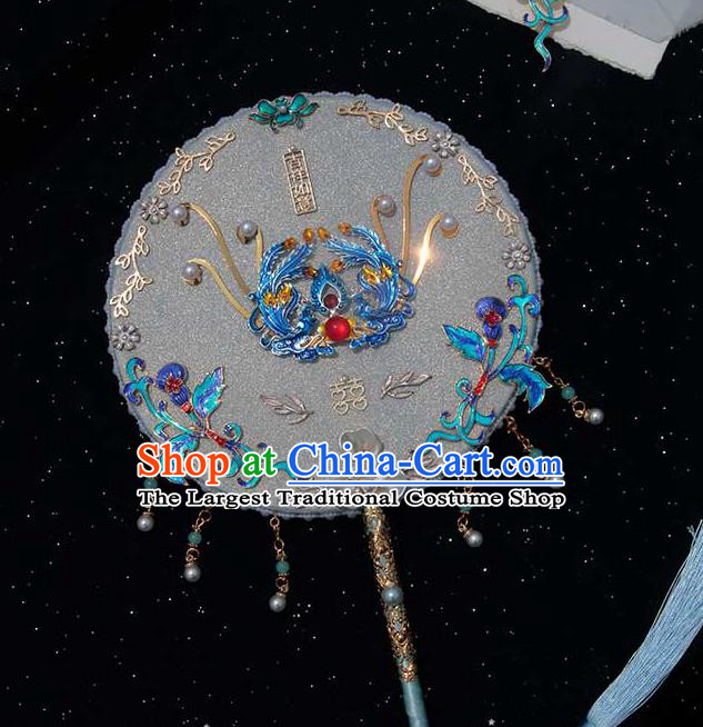 China Traditional Blueing Phoenix Fan Handmade Shell Flower Palace Fan Classical Wedding White Circular Fan
