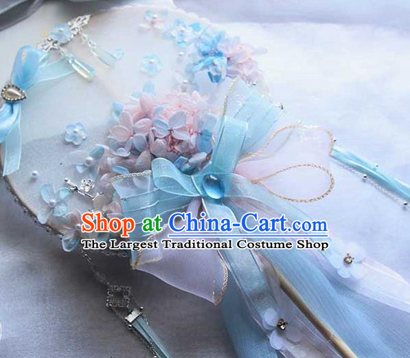 China Traditional Bride Blue Silk Circular Fan Classical Dance Ribbon Fan Handmade Wedding Palace Fan