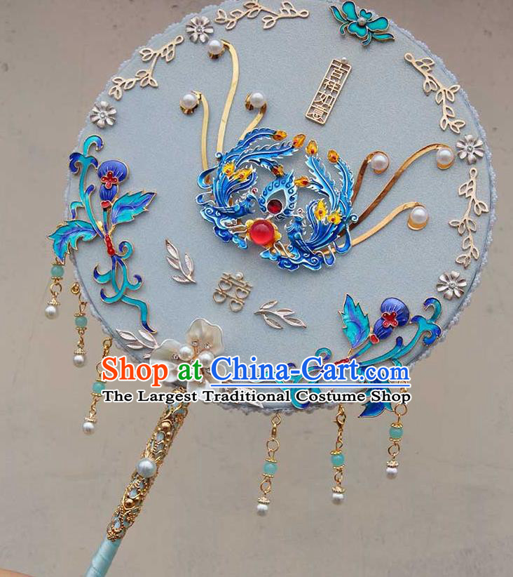 China Traditional Blueing Phoenix Fan Handmade Shell Flower Palace Fan Classical Wedding White Circular Fan