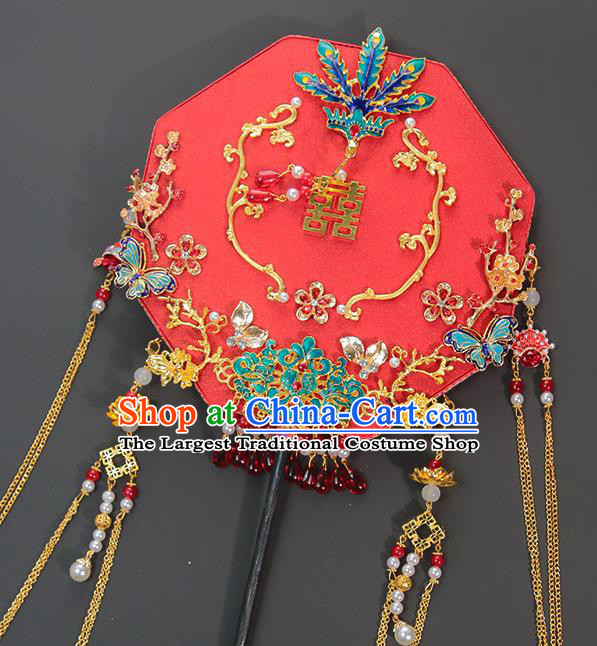 China Classical Dance Blueing Phoenix Fan Handmade Wedding Palace Fan Traditional Bride Red Octagon Fan