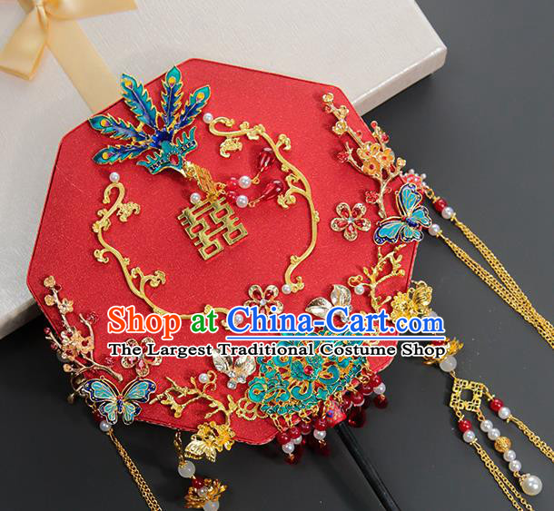 China Classical Dance Blueing Phoenix Fan Handmade Wedding Palace Fan Traditional Bride Red Octagon Fan