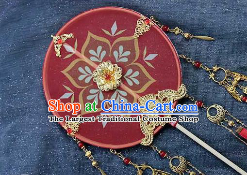China Classical Dance Red Silk Rose Fan Handmade Wedding Palace Fan Traditional Tang Dynasty Bride Circular Fan