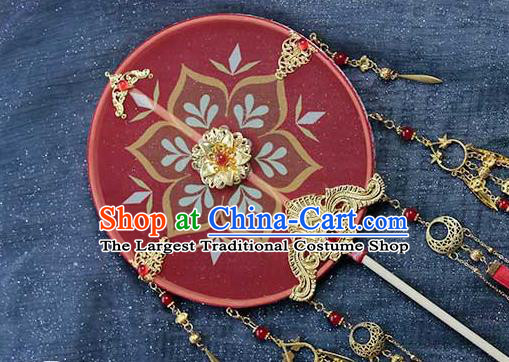 China Traditional Tang Dynasty Bride Circular Fan Classical Dance Red Silk Rose Fan Handmade Wedding Palace Fan