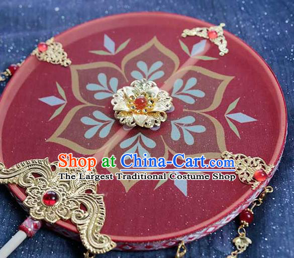 China Traditional Tang Dynasty Bride Circular Fan Classical Dance Red Silk Rose Fan Handmade Wedding Palace Fan