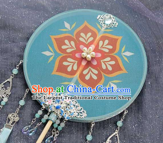 China Traditional Tang Dynasty Blue Silk Circular Fan Handmade Wedding Palace Fan Classical Dance Bride Fan