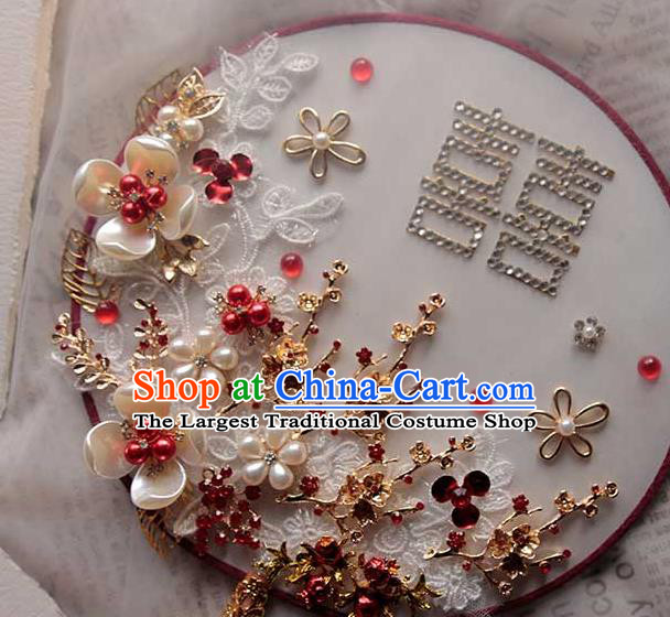 China Traditional Pearls Plum Circular Fan Handmade Wedding Palace Fan Bride Classical Dance Fan