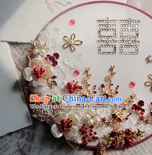 China Traditional Pearls Plum Circular Fan Handmade Wedding Palace Fan Bride Classical Dance Fan