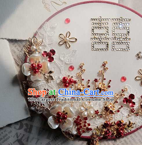 China Traditional Pearls Plum Circular Fan Handmade Wedding Palace Fan Bride Classical Dance Fan