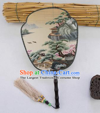 China Traditional Handmade Rosewood Fan Palace Fan Embroidered Landscape Painting Silk Fan