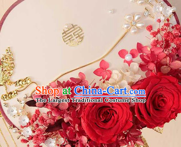 China Handmade Wedding Red Rose Palace Fan Traditional Bride Golden Phoenix Fan Classical Dance Fan