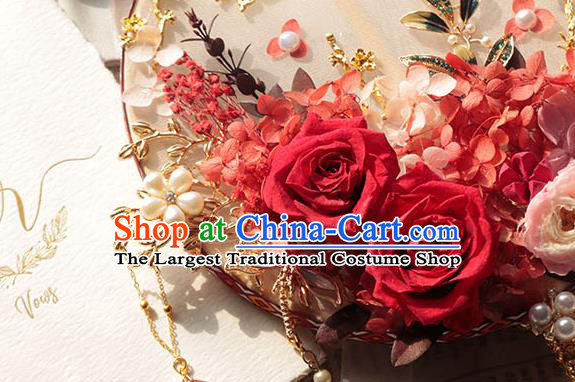 China Classical Dance Circular Fan Handmade Wedding Red Rose Palace Fan Traditional Bride Pearls Fan