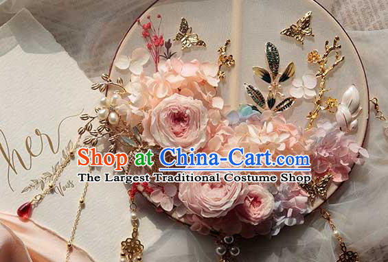 China Handmade Wedding Tassel Palace Fan Traditional Bride Pink Rose Silk Fan Classical Dance Circular Fan