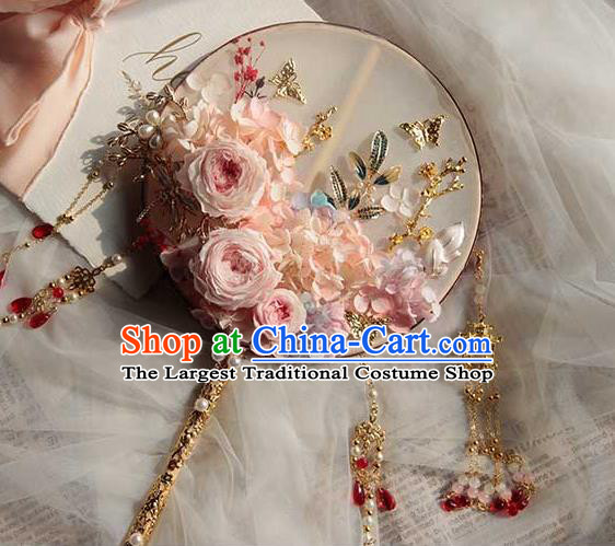 China Handmade Wedding Tassel Palace Fan Traditional Bride Pink Rose Silk Fan Classical Dance Circular Fan