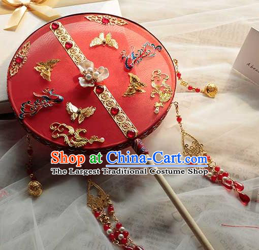 China Classical Dance Red Silk Circular Fan Handmade Wedding Palace Fan Traditional Bride Blueing Phoenix Fan