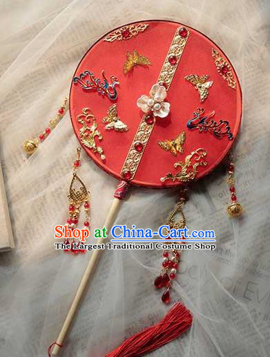 China Classical Dance Red Silk Circular Fan Handmade Wedding Palace Fan Traditional Bride Blueing Phoenix Fan