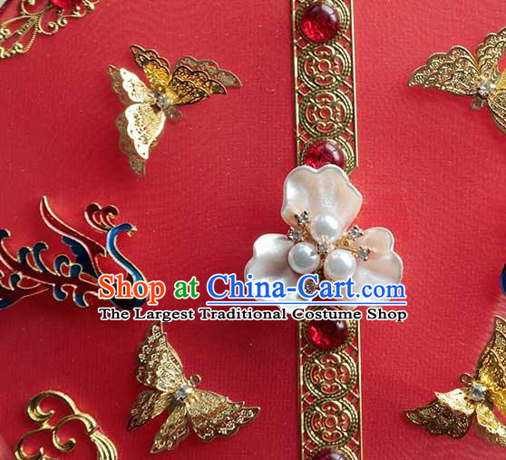 China Classical Dance Red Silk Circular Fan Handmade Wedding Palace Fan Traditional Bride Blueing Phoenix Fan