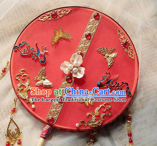 China Classical Dance Red Silk Circular Fan Handmade Wedding Palace Fan Traditional Bride Blueing Phoenix Fan