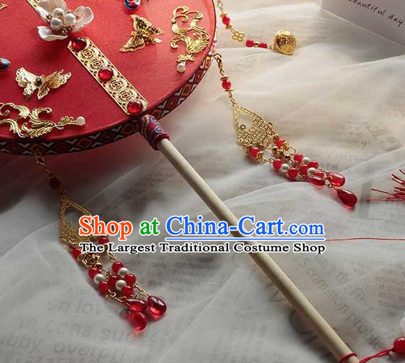 China Classical Dance Red Silk Circular Fan Handmade Wedding Palace Fan Traditional Bride Blueing Phoenix Fan