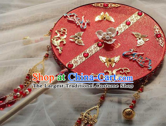 China Classical Dance Red Silk Circular Fan Handmade Wedding Palace Fan Traditional Bride Blueing Phoenix Fan