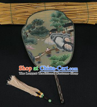 China Traditional Hanfu Silk Fan Embroidered Landscape Painting Fan Handmade Rosewood Palace Fans