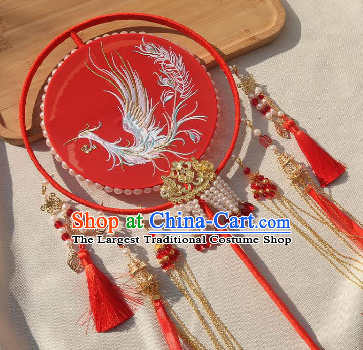 China Traditional Bride Embroidered Phoenix Silk Fan Classical Dance Circular Fan Handmade Wedding Beads Tassel Palace Fan
