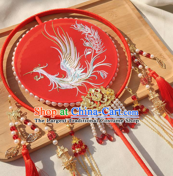 China Traditional Bride Embroidered Phoenix Silk Fan Classical Dance Circular Fan Handmade Wedding Beads Tassel Palace Fan