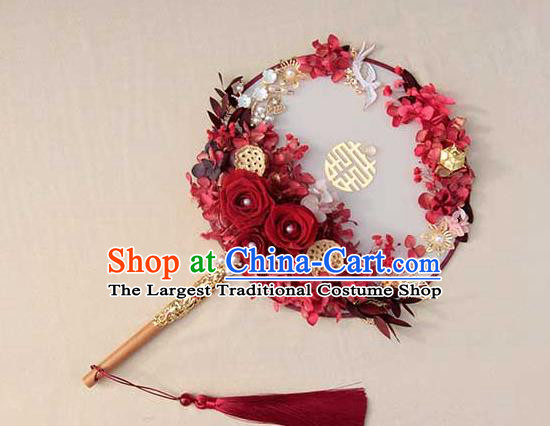 China Classical Wedding Circular Fan Traditional Red Rose Fan Handmade Palace Fan