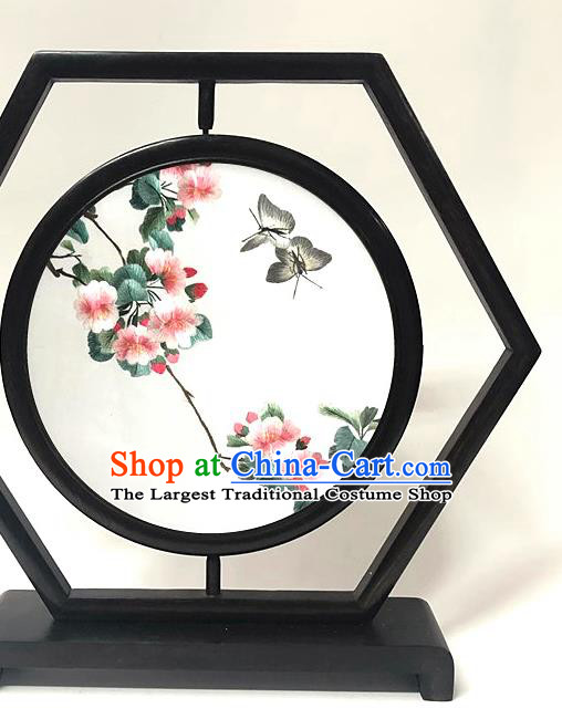 China Traditional Embroidery Peach Blossom Table Screen Suzhou Embroidered Craft Handmade Wenge Ornament