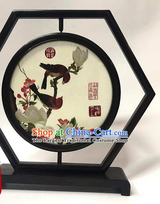 China Suzhou Embroidered Craft Handmade Wenge Ornament Traditional Embroidery Mangnolia Table Screen