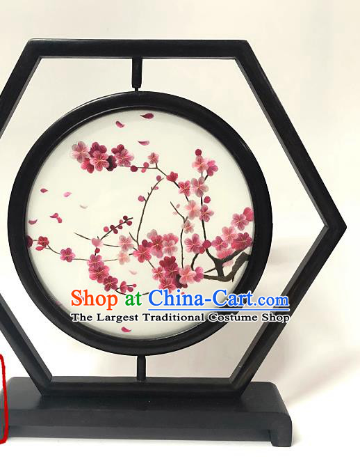 China Handmade Ornament Wenge Embroidered Table Screen Traditional Embroidery Plum Blossom Craft