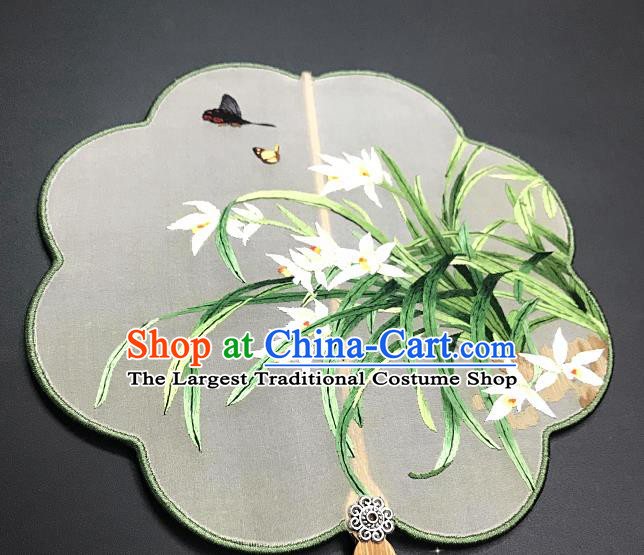 China Traditional Suzhou Embroidery Hanfu Fan Embroidered Orchids Silk Fan Handmade Palace Fan