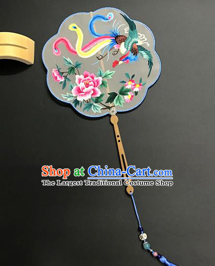 China Traditional Hanfu Fan Embroidered Phoenix Peony Silk Fan Handmade Palace Fan Suzhou Embroidery Craft