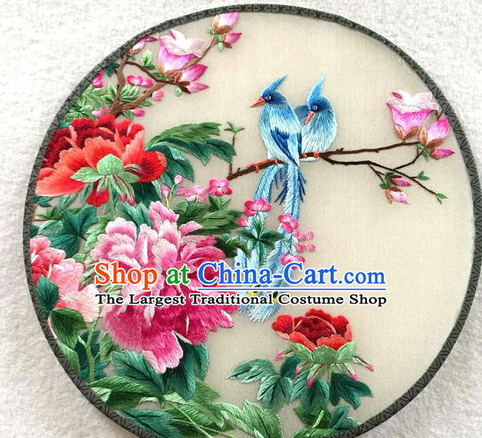 China Traditional Handmade Palace Fan Embroidered Peony Bird Silk Fan Hanfu Circular Fan