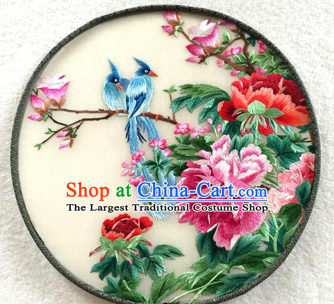 China Traditional Handmade Palace Fan Embroidered Peony Bird Silk Fan Hanfu Circular Fan