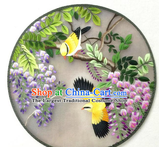 China Handmade Embroidered Wisteria Birds Palace Fan Traditional Hanfu Circular Fan Silk Fan