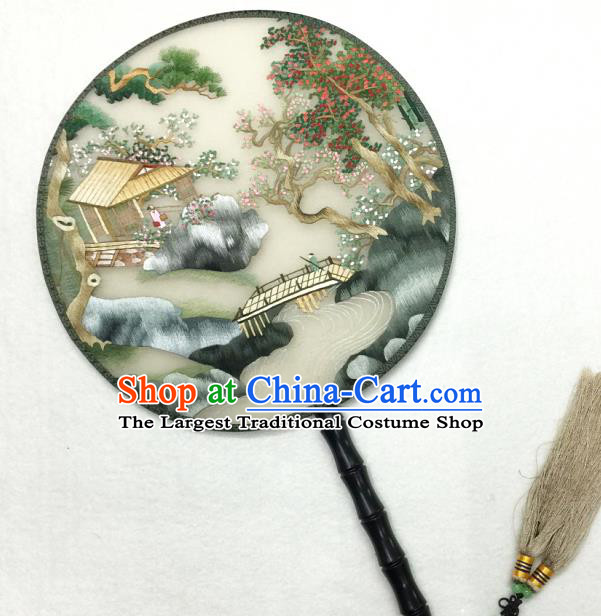 Handmade China Silk Fan Traditional Hanfu Circular Fan Embroidered Waterside Pavilion Palace Fan