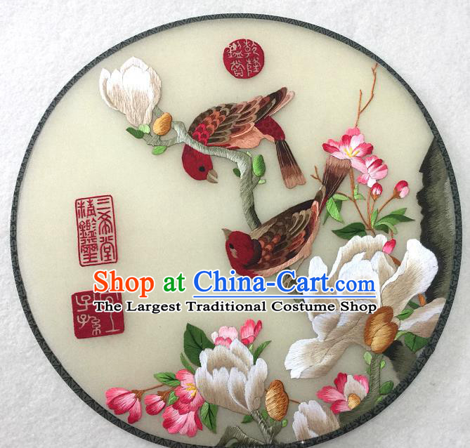 Handmade China Traditional Hanfu Circular Fan Embroidered Mangnolia Palace Fan Silk Fan