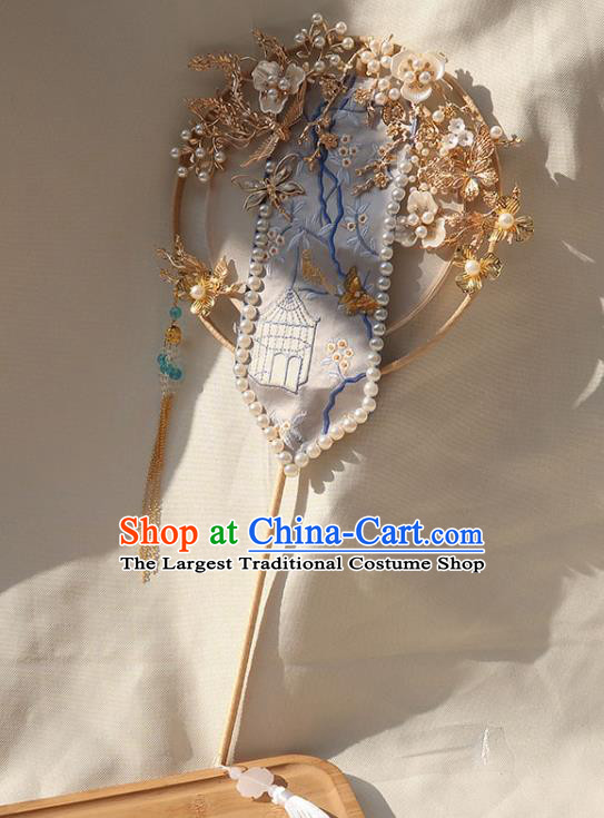 China Traditional Bride Golden Plum Fan Classical Dance Circular Fan Handmade Wedding Embroidered Palace Fan