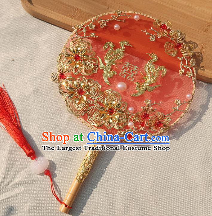 China Handmade Wedding Golden Phoenix Flowers Palace Fan Classical Dance Circular Fan Traditional Bride Red Silk Fan