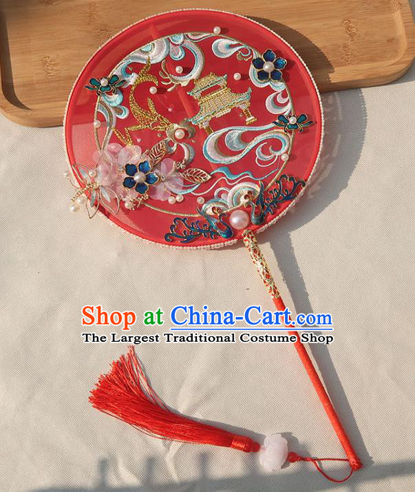 China Handmade Wedding Embroidered Palace Fan Classical Dance Circular Fan Traditional Bride Blueing Phoenix Silk Fan