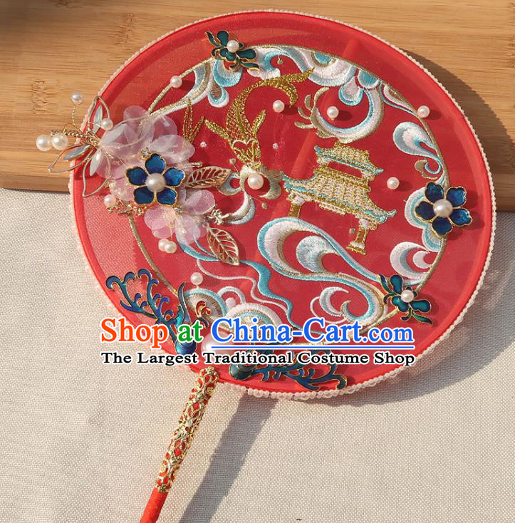 China Handmade Wedding Embroidered Palace Fan Classical Dance Circular Fan Traditional Bride Blueing Phoenix Silk Fan