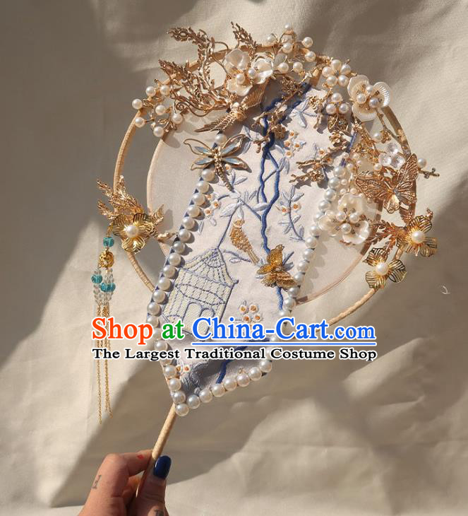 China Traditional Bride Golden Plum Fan Classical Dance Circular Fan Handmade Wedding Embroidered Palace Fan