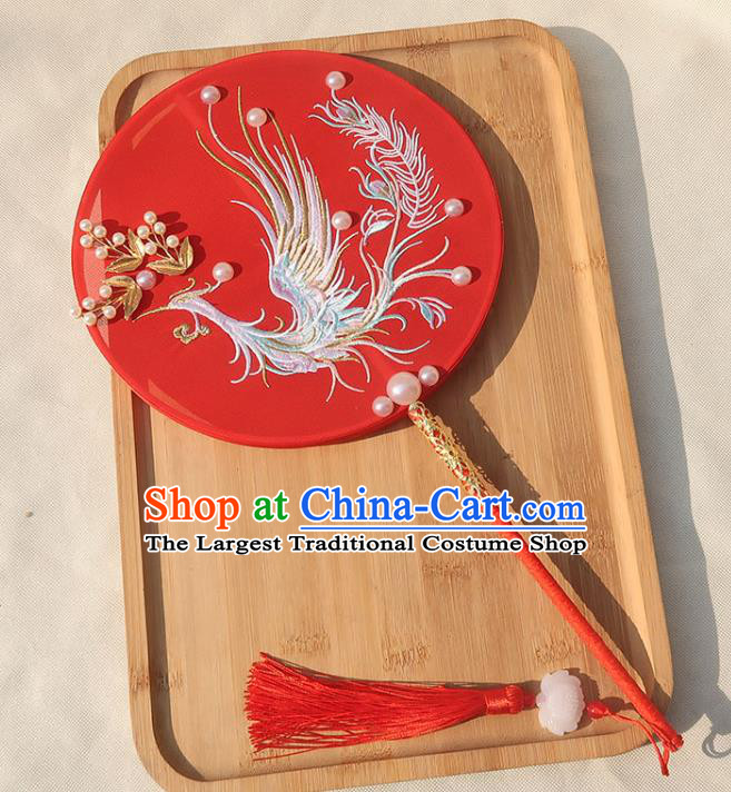 China Handmade Wedding Embroidered Phoenix Palace Fan Traditional Bride Red Silk Fan Classical Dance Circular Fan