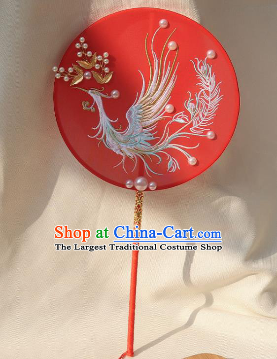 China Handmade Wedding Embroidered Phoenix Palace Fan Traditional Bride Red Silk Fan Classical Dance Circular Fan