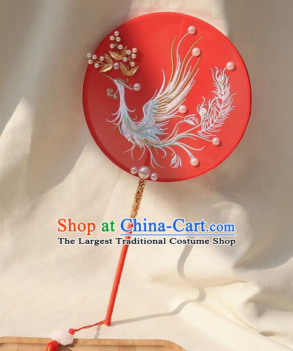 China Handmade Wedding Embroidered Phoenix Palace Fan Traditional Bride Red Silk Fan Classical Dance Circular Fan