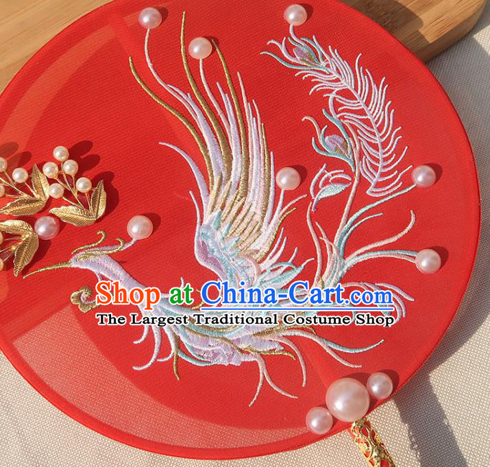 China Handmade Wedding Embroidered Phoenix Palace Fan Traditional Bride Red Silk Fan Classical Dance Circular Fan