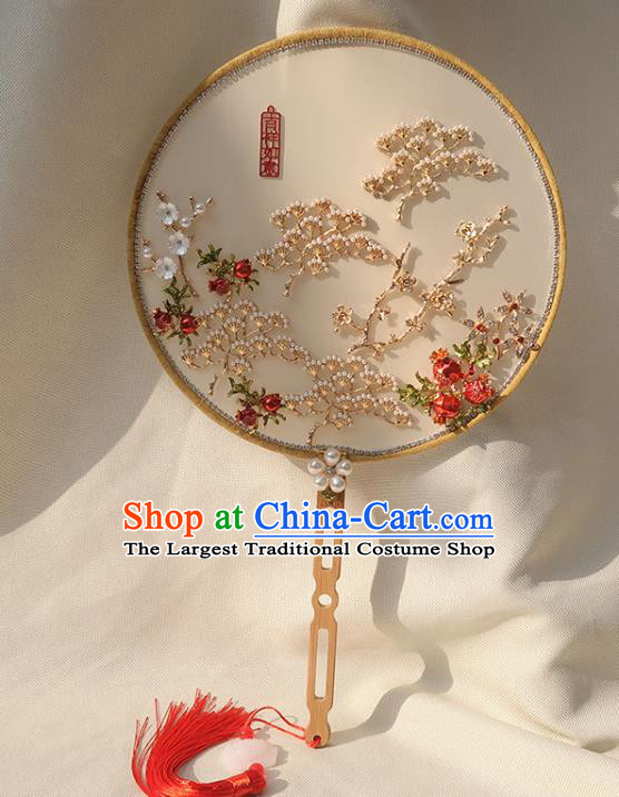 China Handmade Wedding White Palace Fan Classical Dance Circular Fan Traditional Bride Plum Blossom Silk Fan