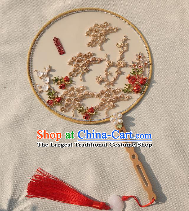 China Handmade Wedding White Palace Fan Classical Dance Circular Fan Traditional Bride Plum Blossom Silk Fan